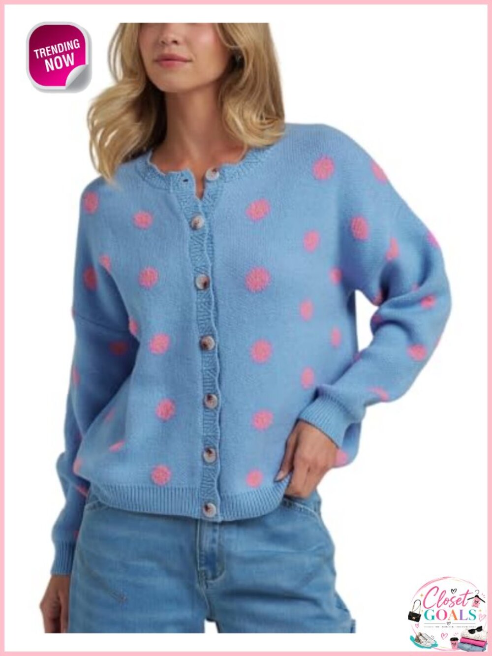 Polka Dot Button Knit Cardigan Sweater Long Sleeve Crew Neck